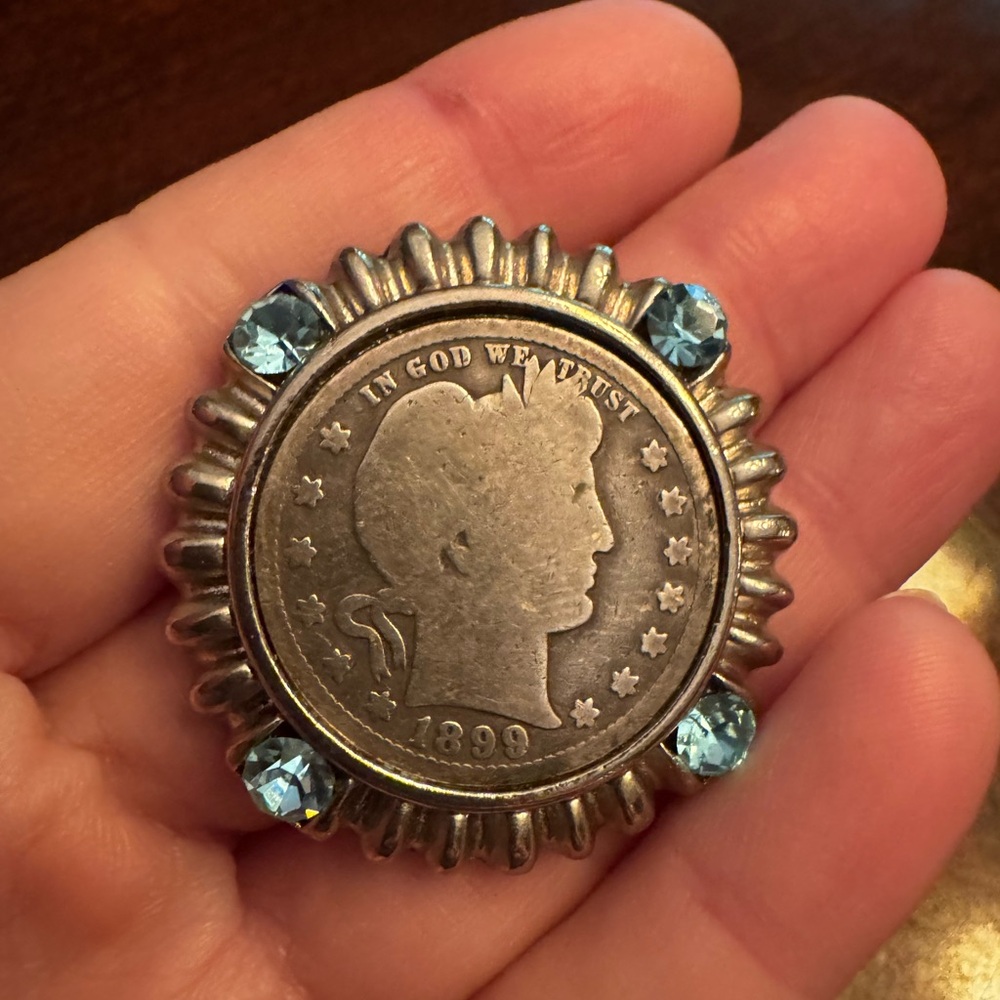 Vintage Blue and Silver Brooch with Antique Coin Design